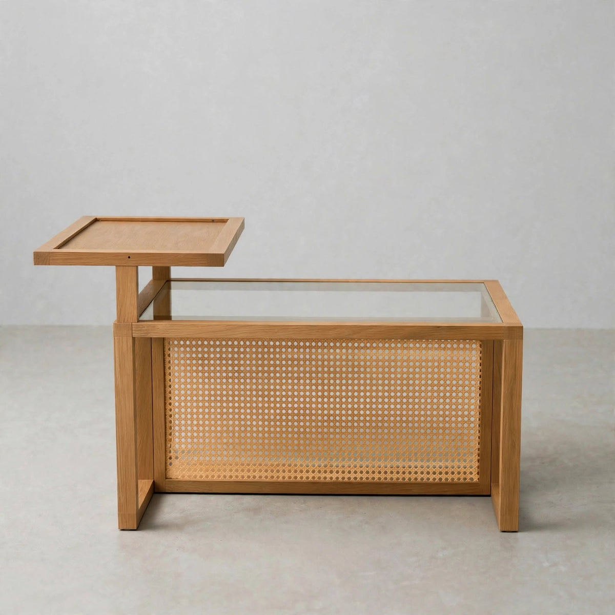 Table basse bois, verre et rotin synthétique