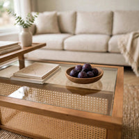 Table basse bois, verre et rotin synthétique