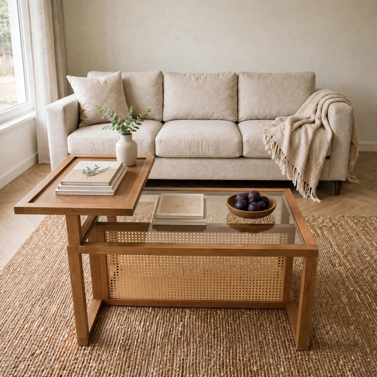 Table basse bois, verre et rotin synthétique