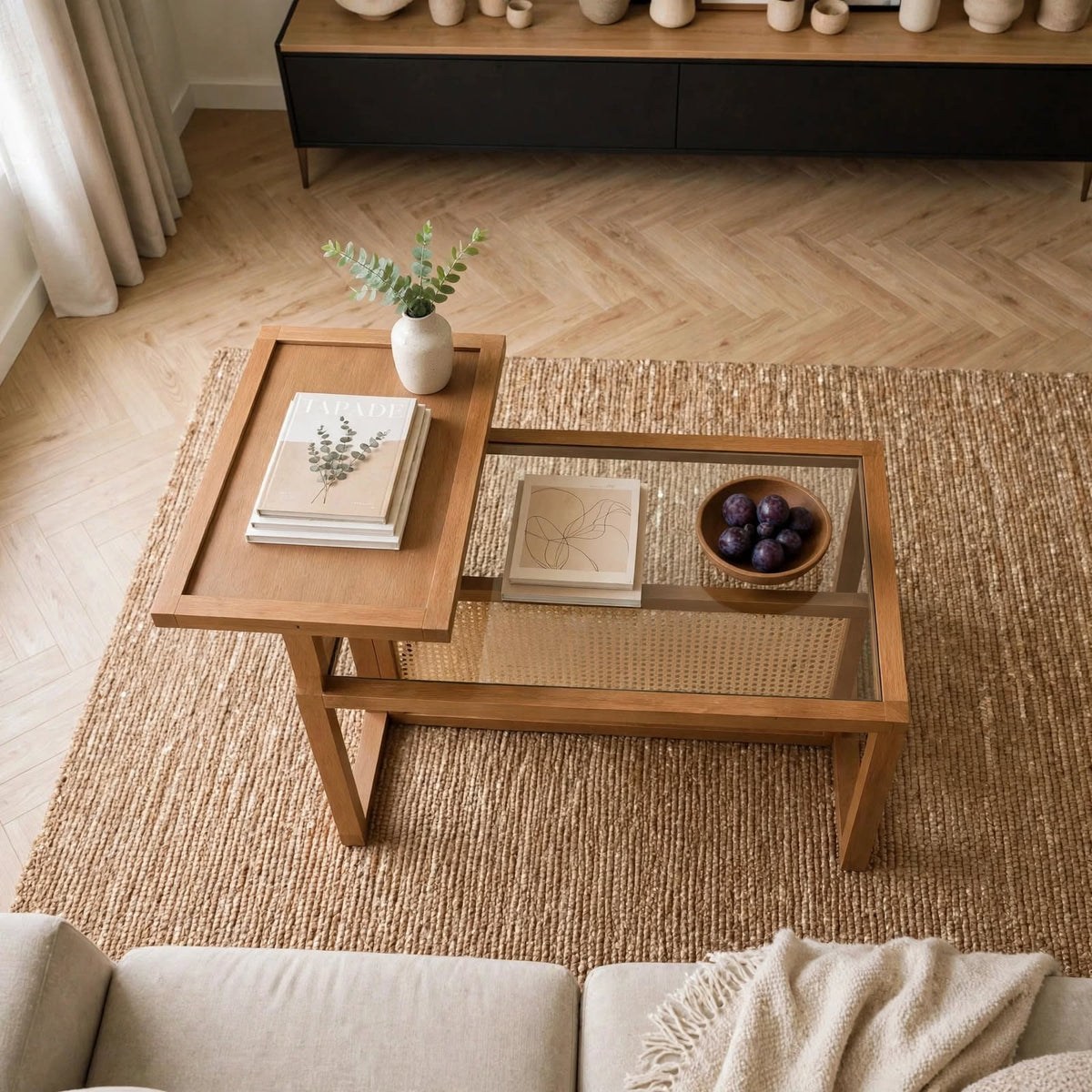 Table basse bois, verre et rotin synthétique