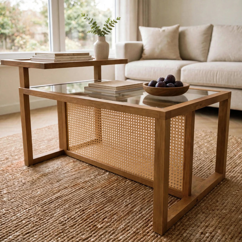Table basse bois, verre et rotin synthétique