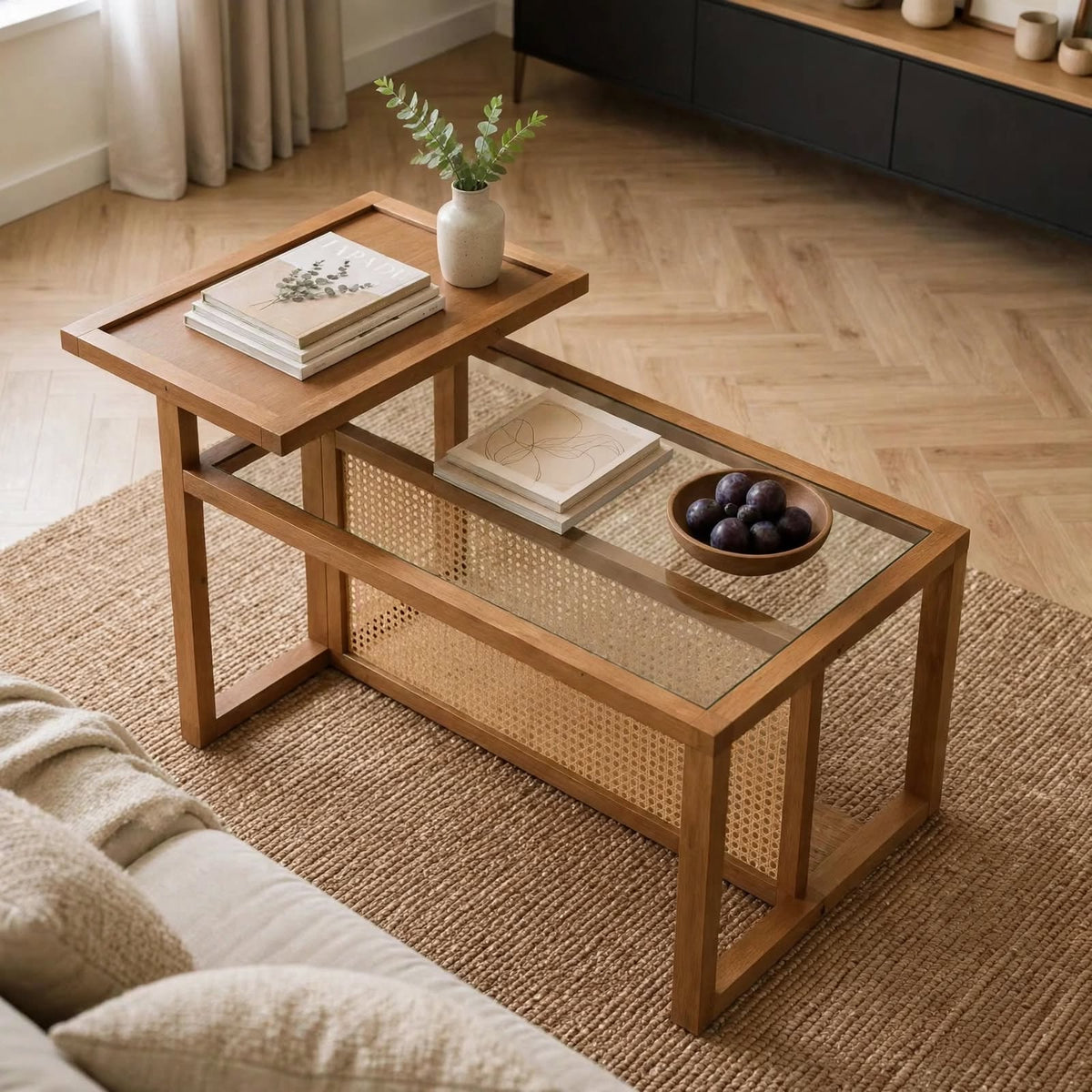 Table basse bois, verre et rotin synthétique