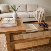 Table basse bois, verre et rotin synthétique