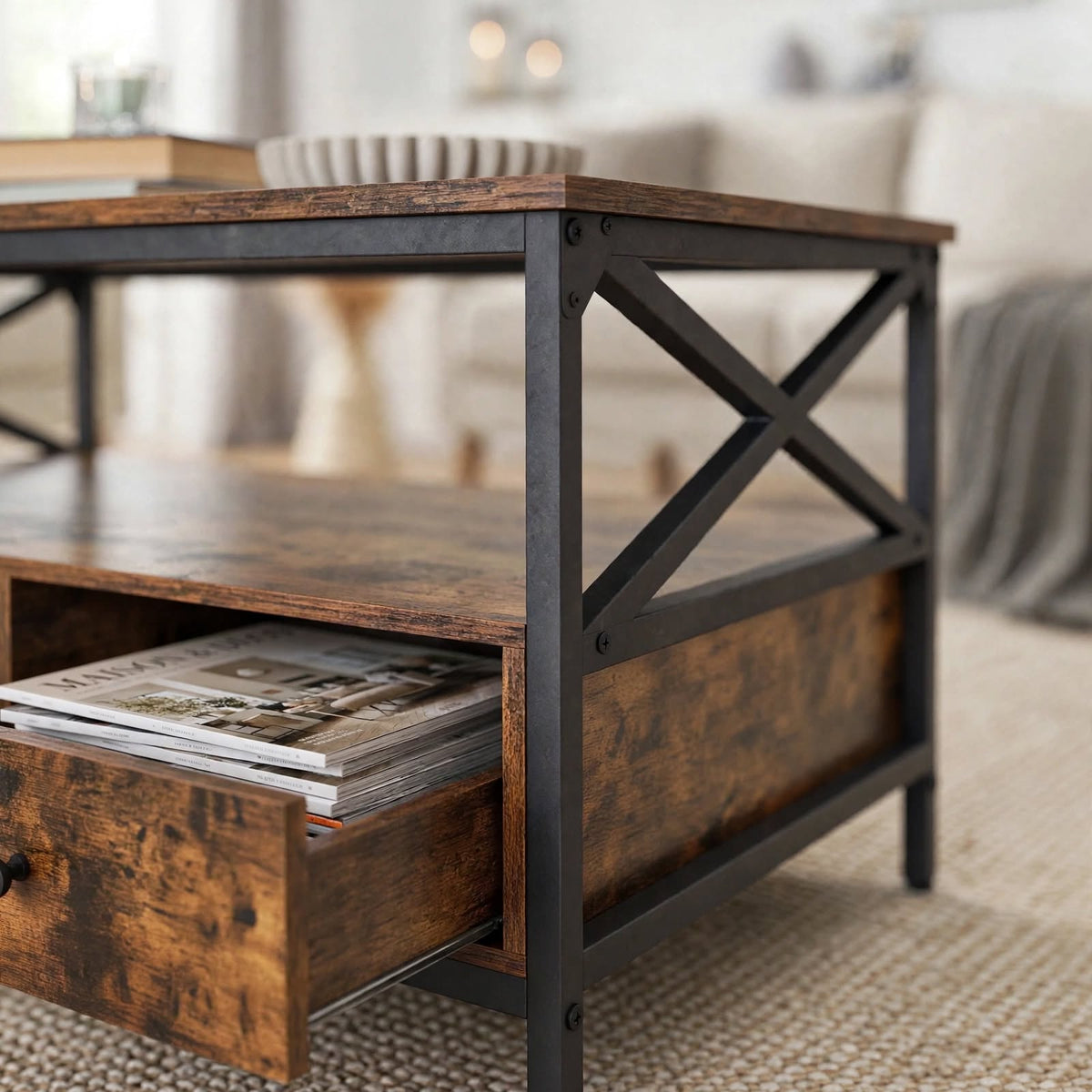 Table basse industrielle 2 tiroirs