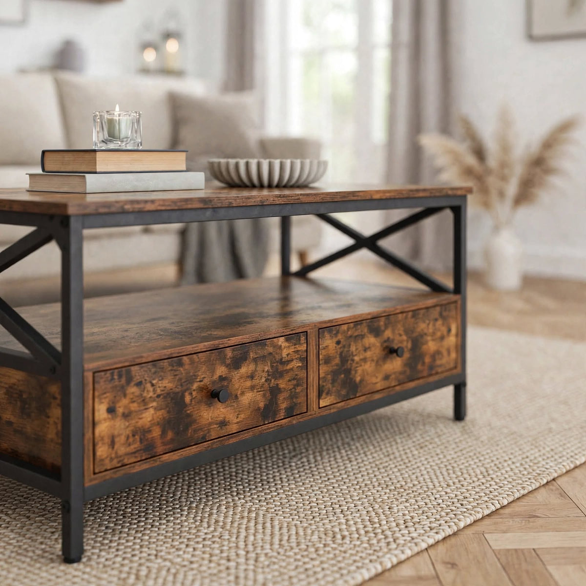 Table basse industrielle 2 tiroirs