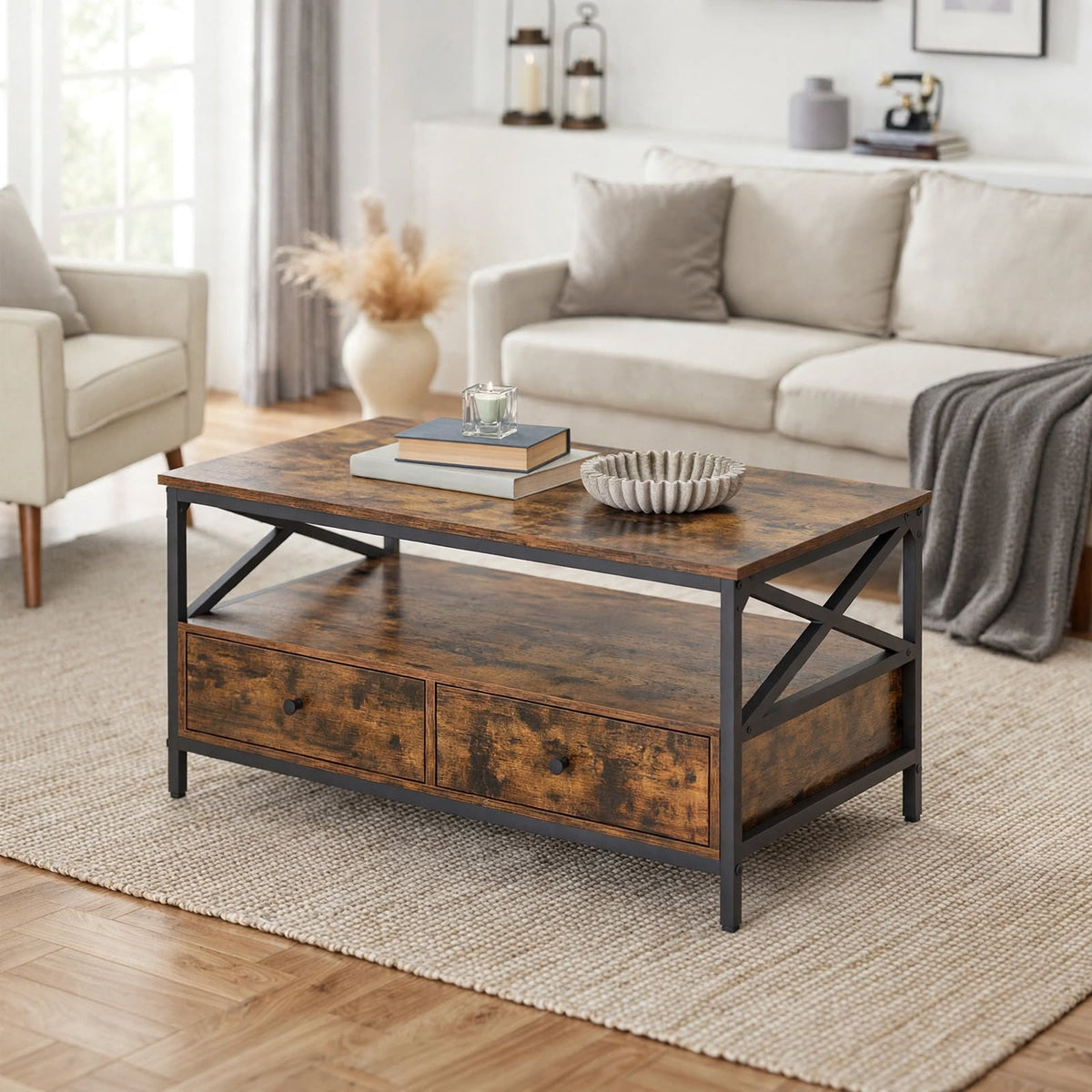 Table basse industrielle 2 tiroirs