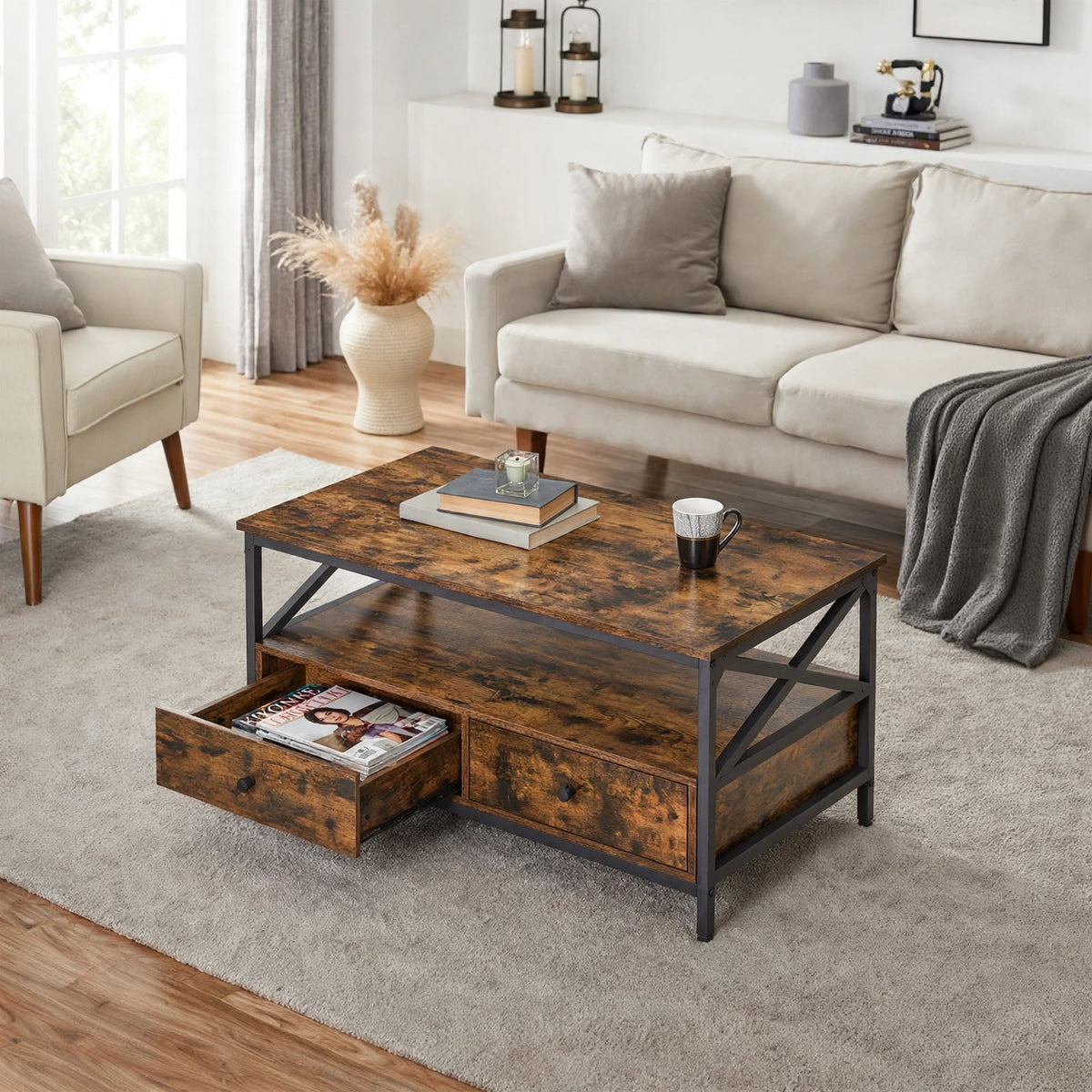 Table basse industrielle 2 tiroirs