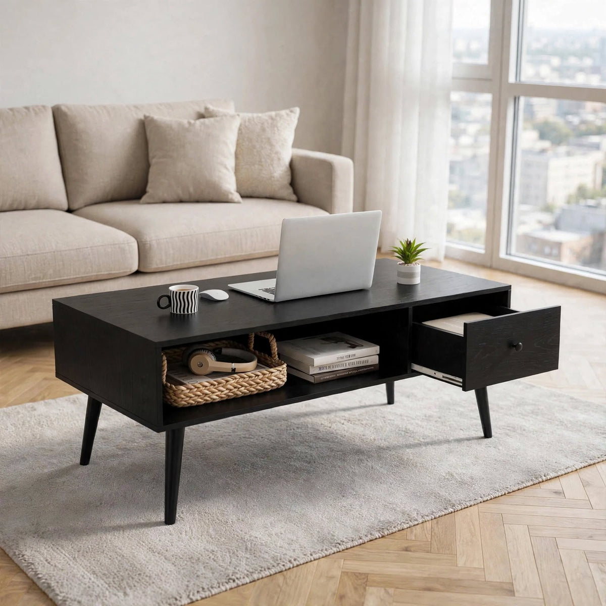 Table basse noire avec tiroir