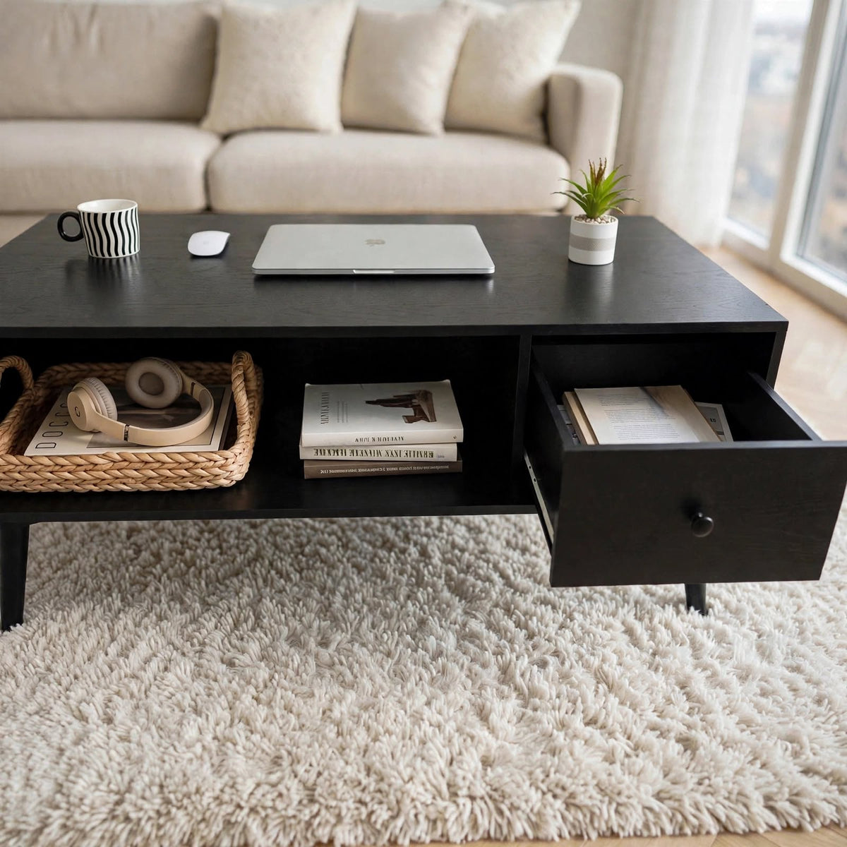 Table basse noire avec tiroir