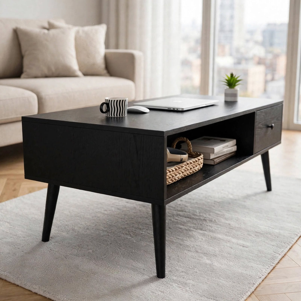 Table basse noire avec tiroir