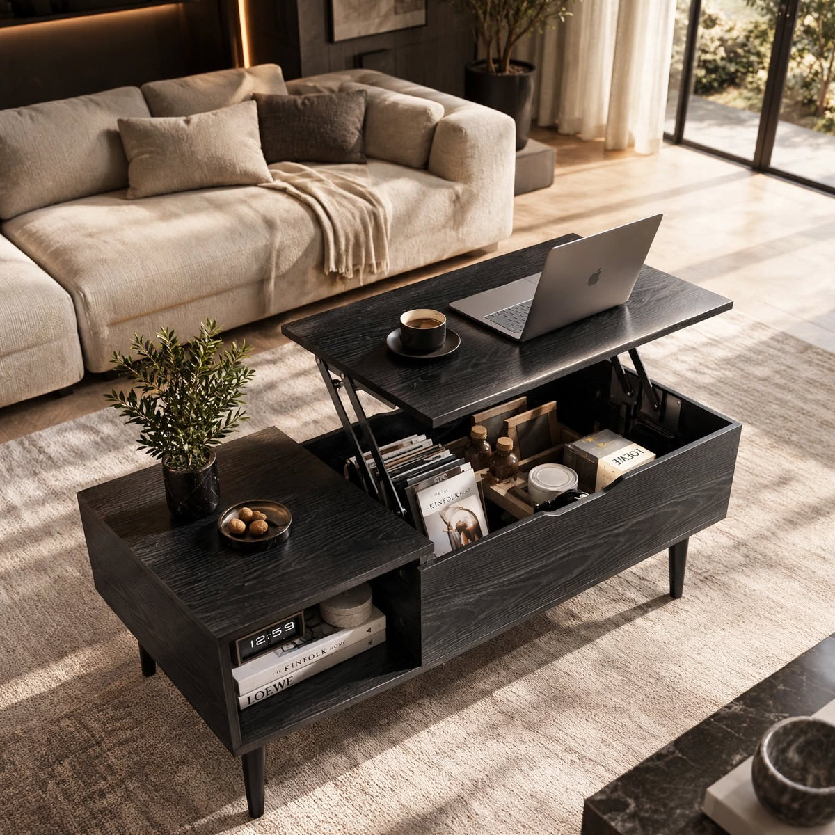 Table basse relevable avec rangement