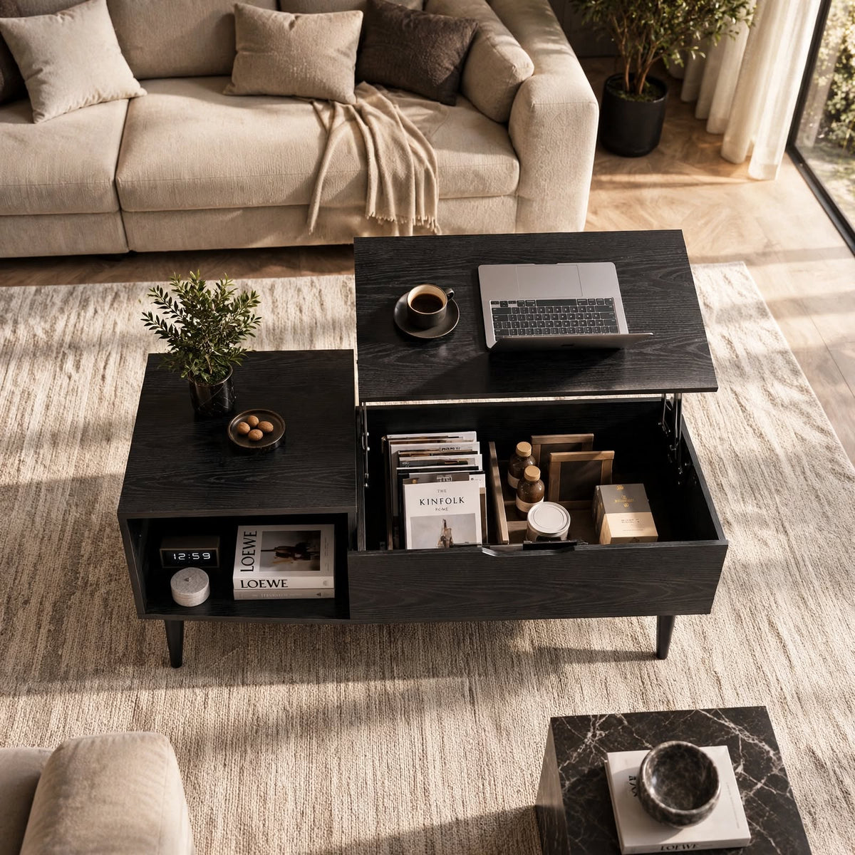 Table basse relevable avec rangement