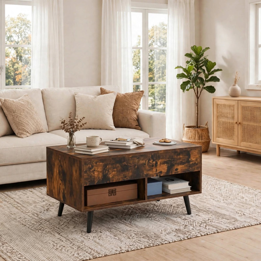 Table basse relevable effet bois rustique