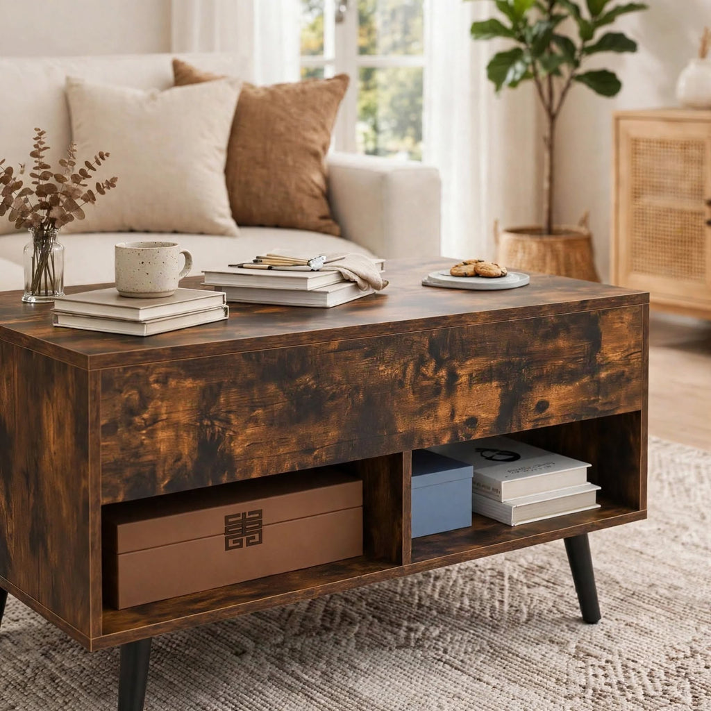 Table basse relevable effet bois rustique