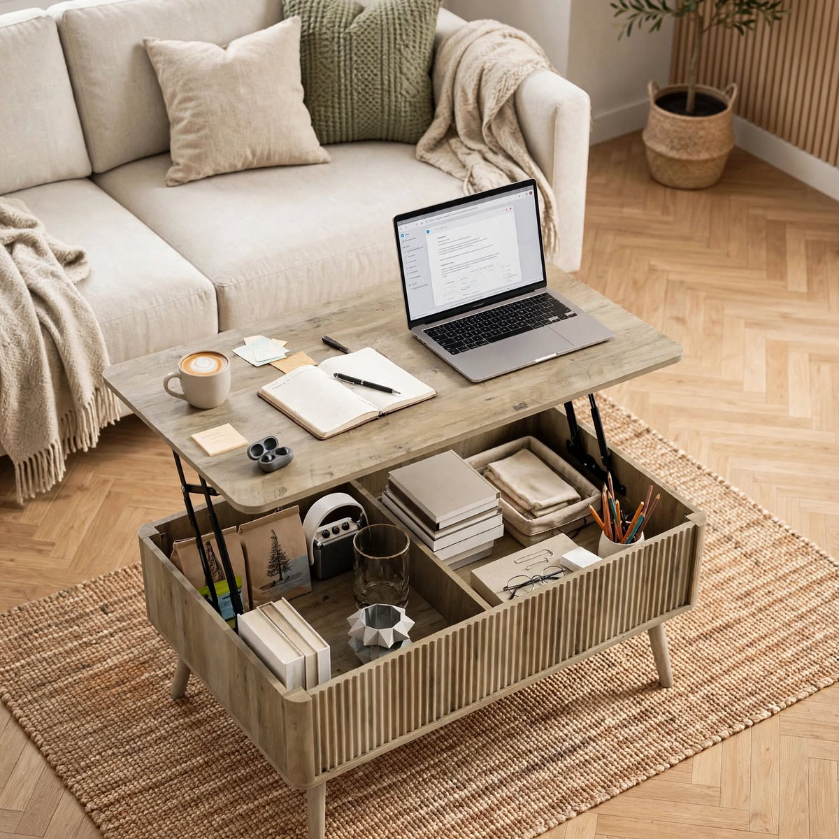 Table basse relevable effet chêne