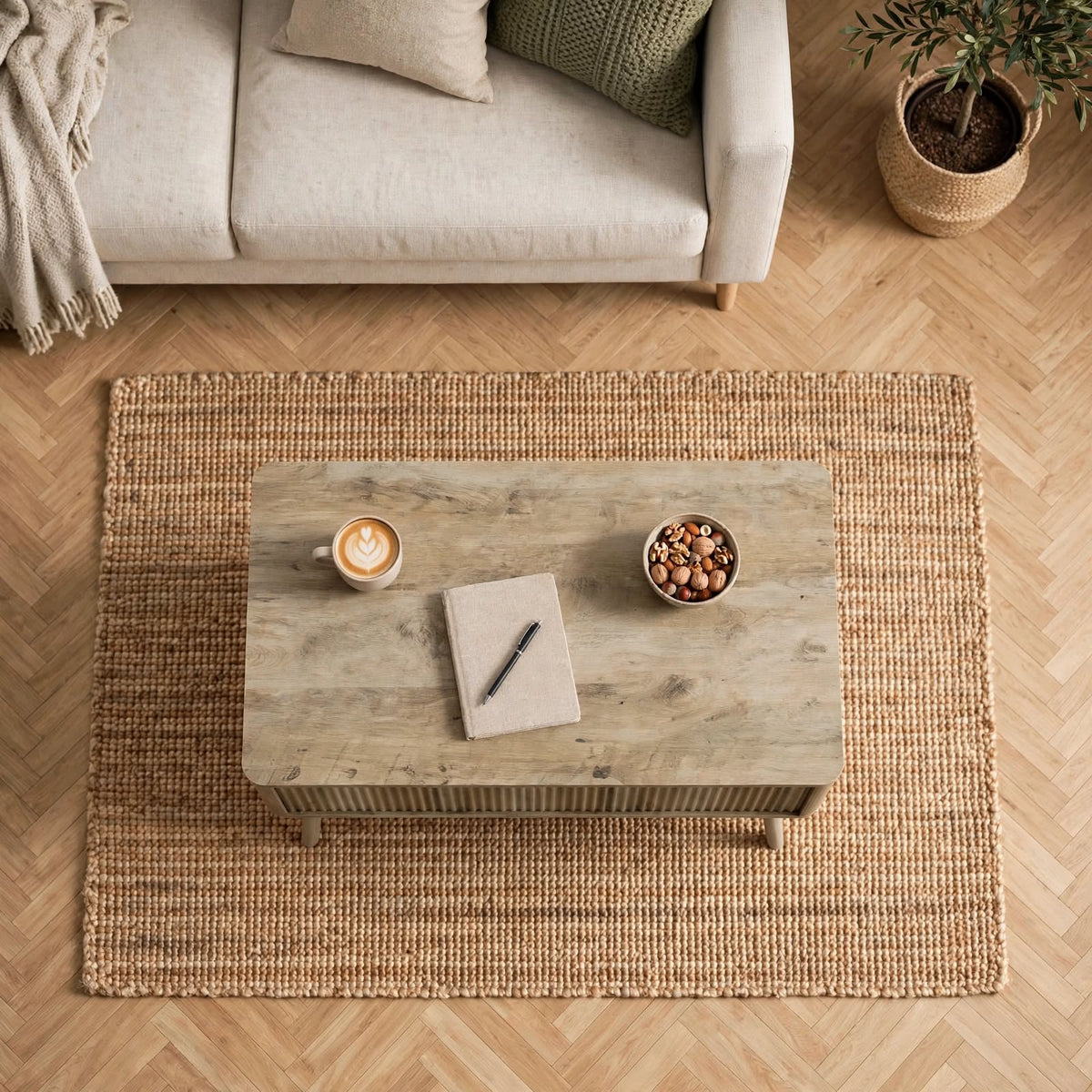 Table basse relevable effet chêne