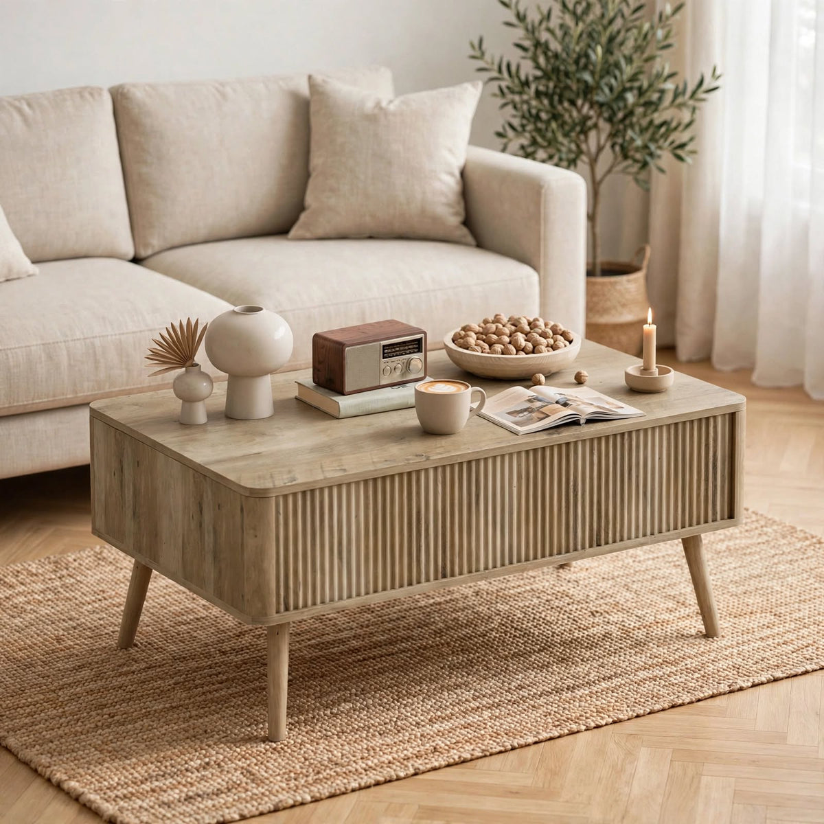 Table basse relevable effet chêne