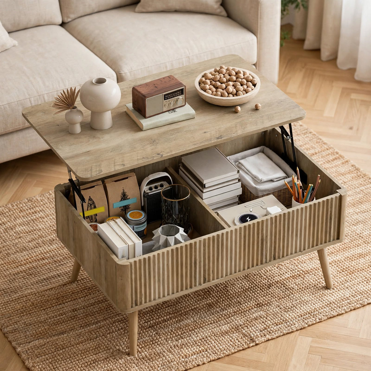 Table basse relevable effet chêne