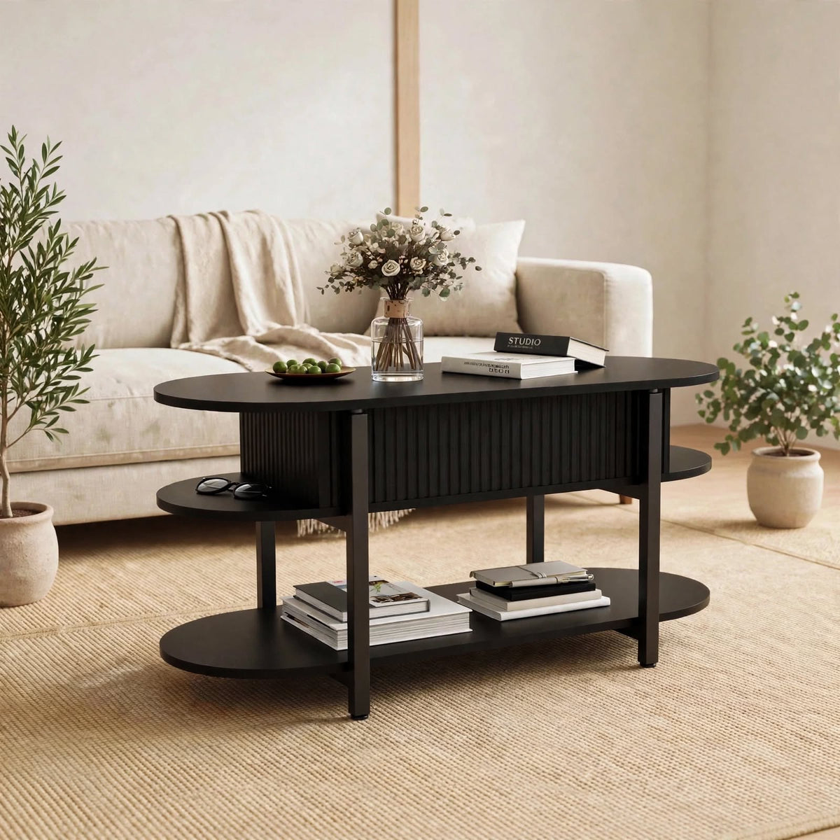 Table basse relevable ovale noire