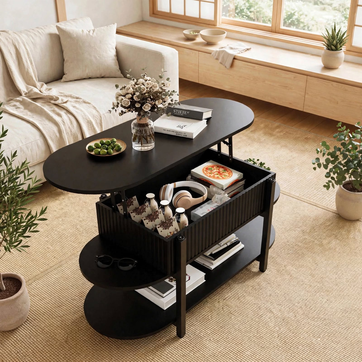 Table basse relevable ovale noire