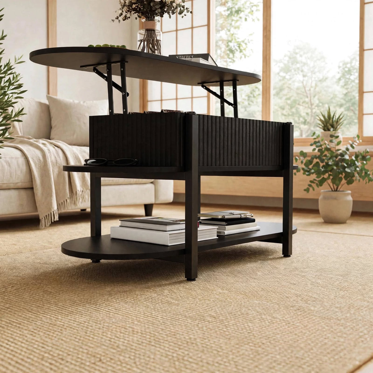 Table basse relevable ovale noire
