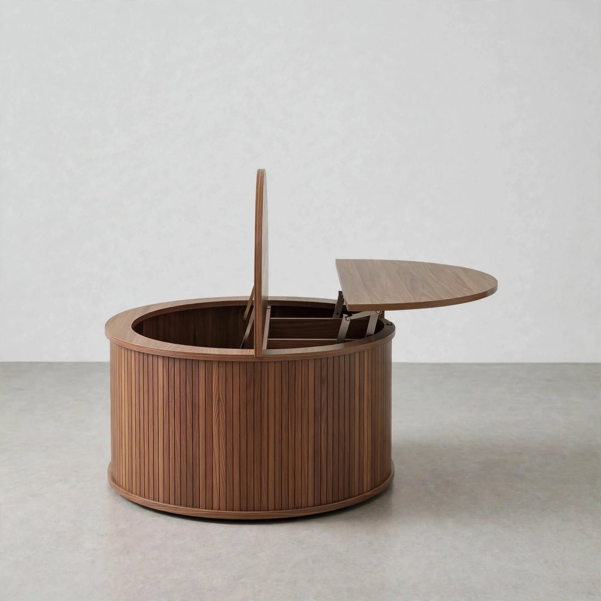 Table basse ronde relevable effet noyer