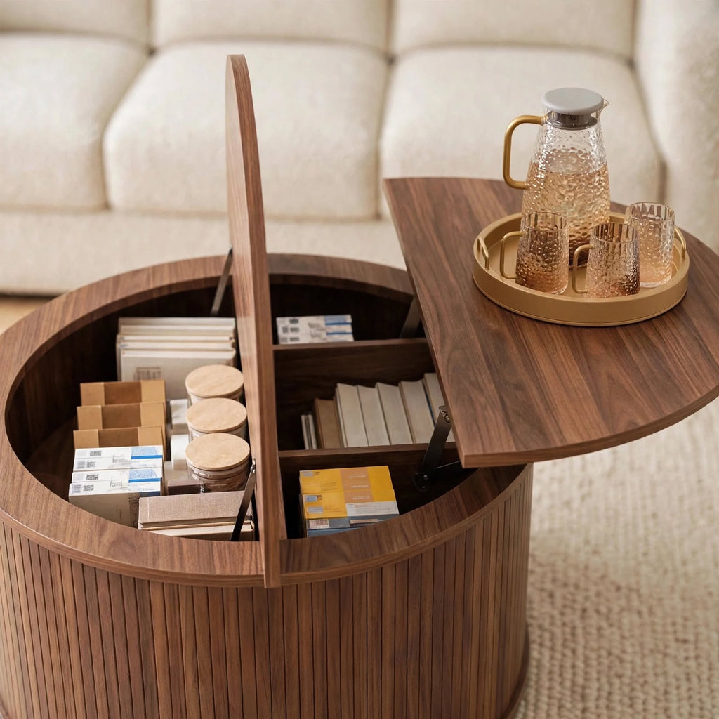 Table basse ronde relevable effet noyer