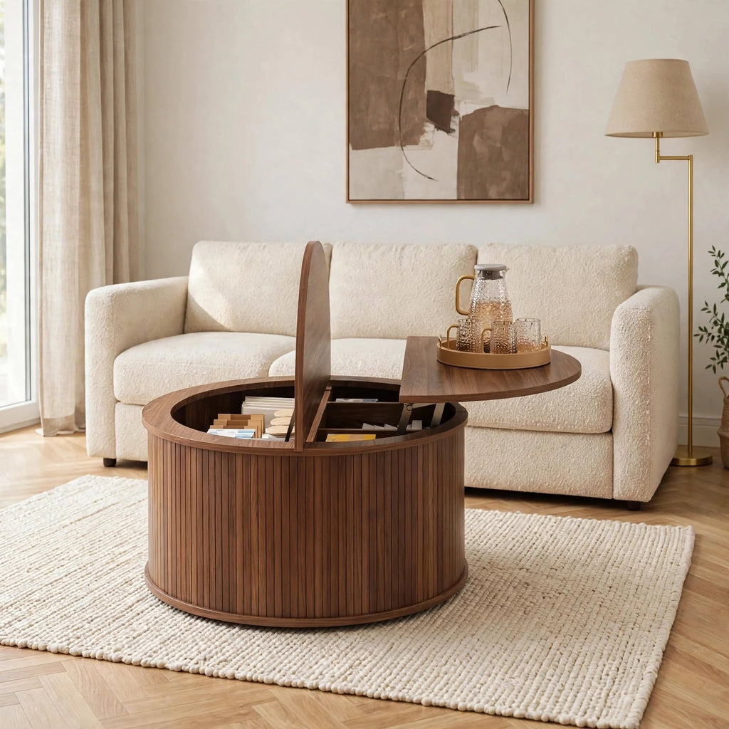 Table basse ronde relevable effet noyer