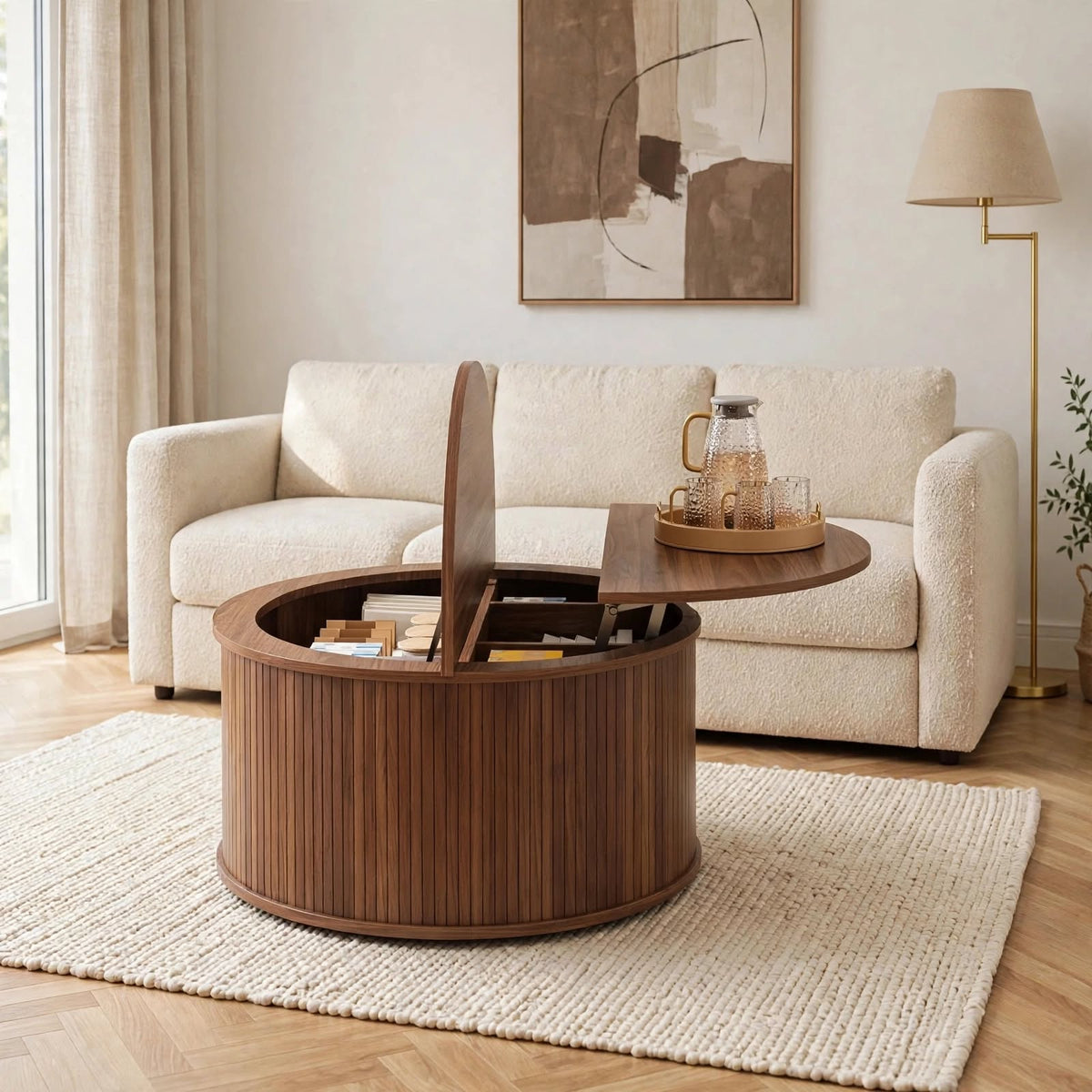 Table basse ronde relevable effet noyer