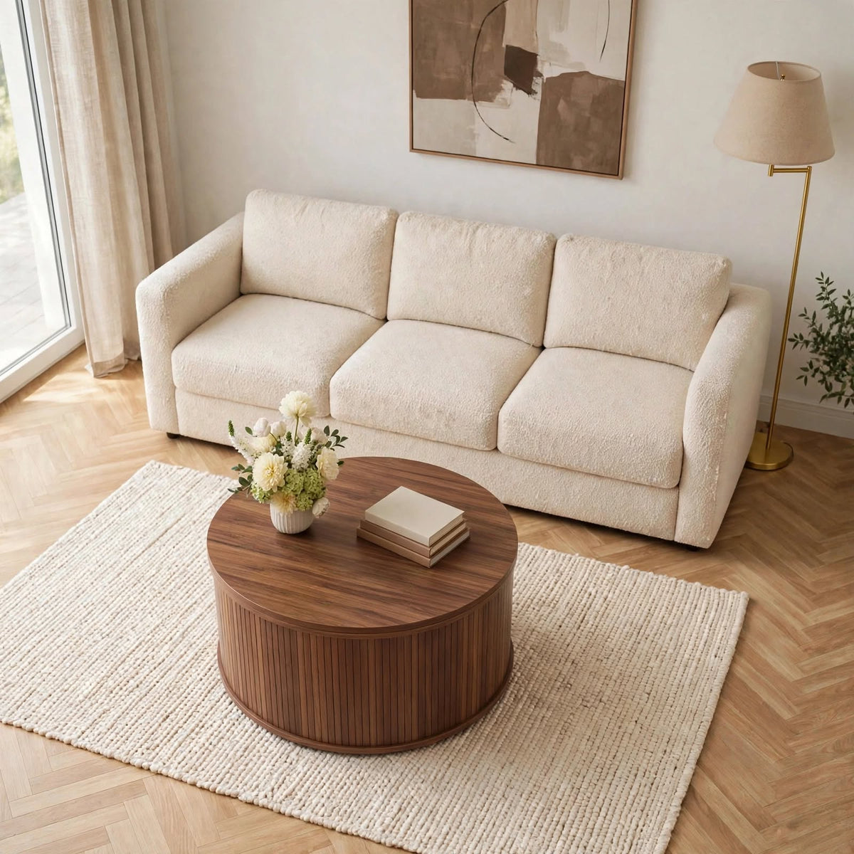 Table basse ronde relevable effet noyer