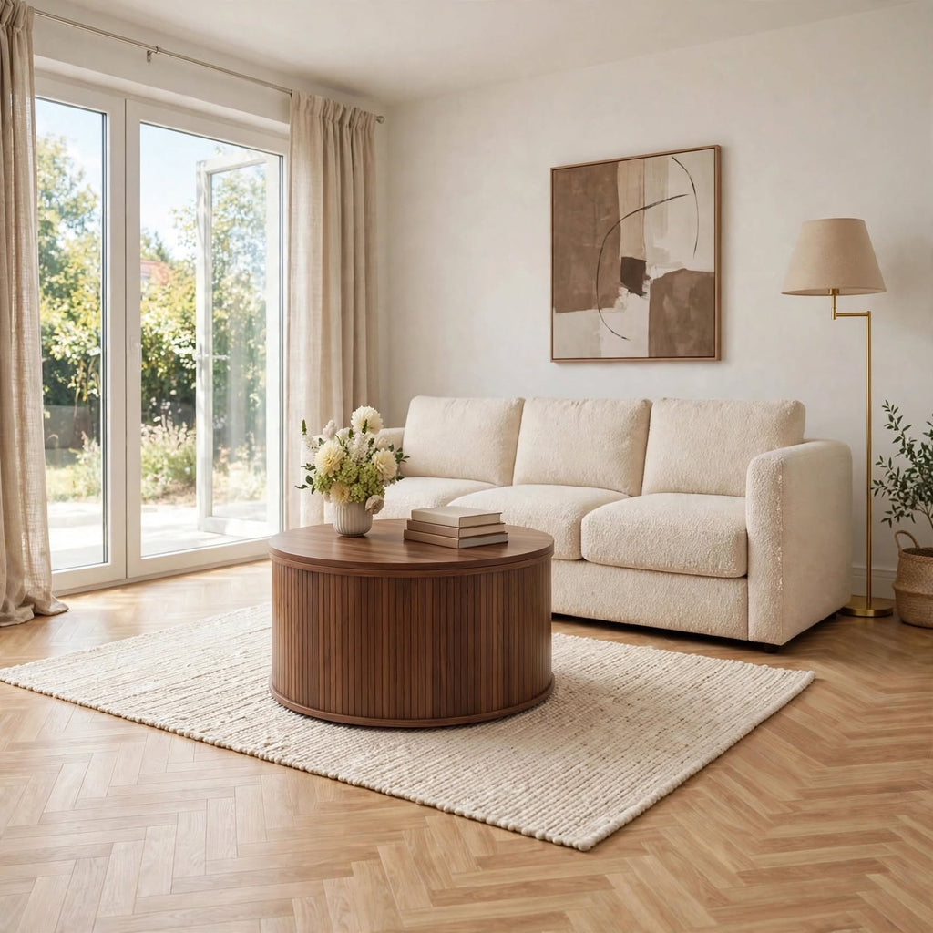 Table basse ronde relevable effet noyer