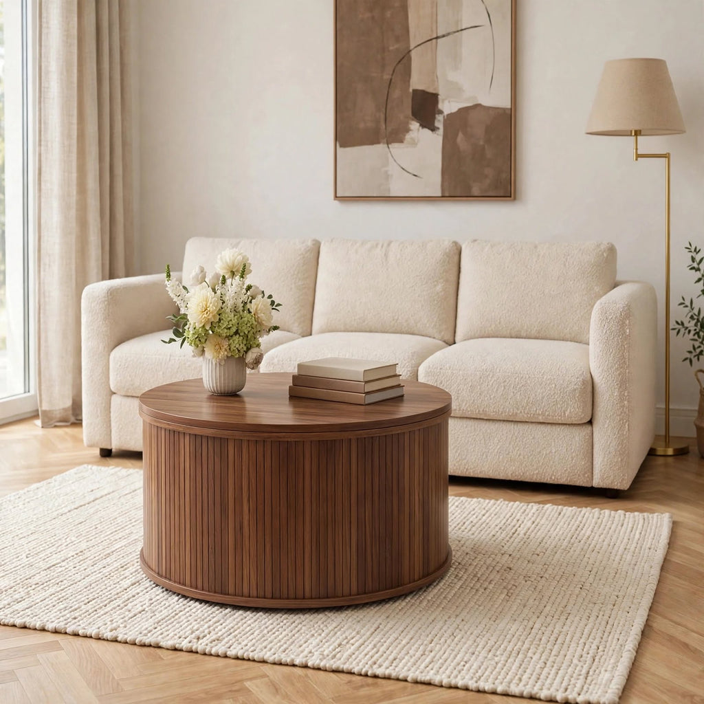 Table basse ronde relevable effet noyer