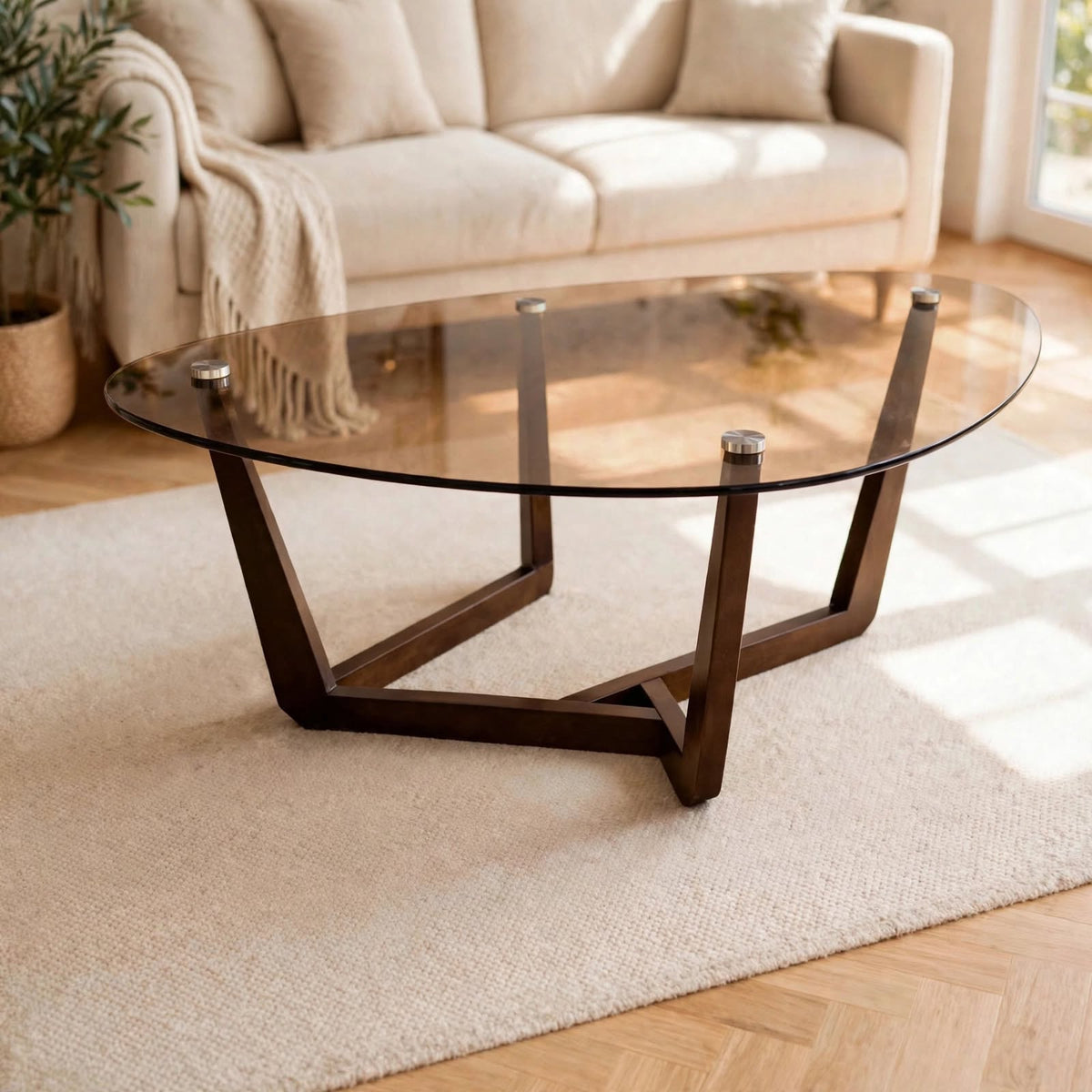 Table basse triangulaire en verre ambré