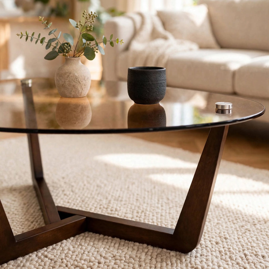 Table basse triangulaire en verre ambré