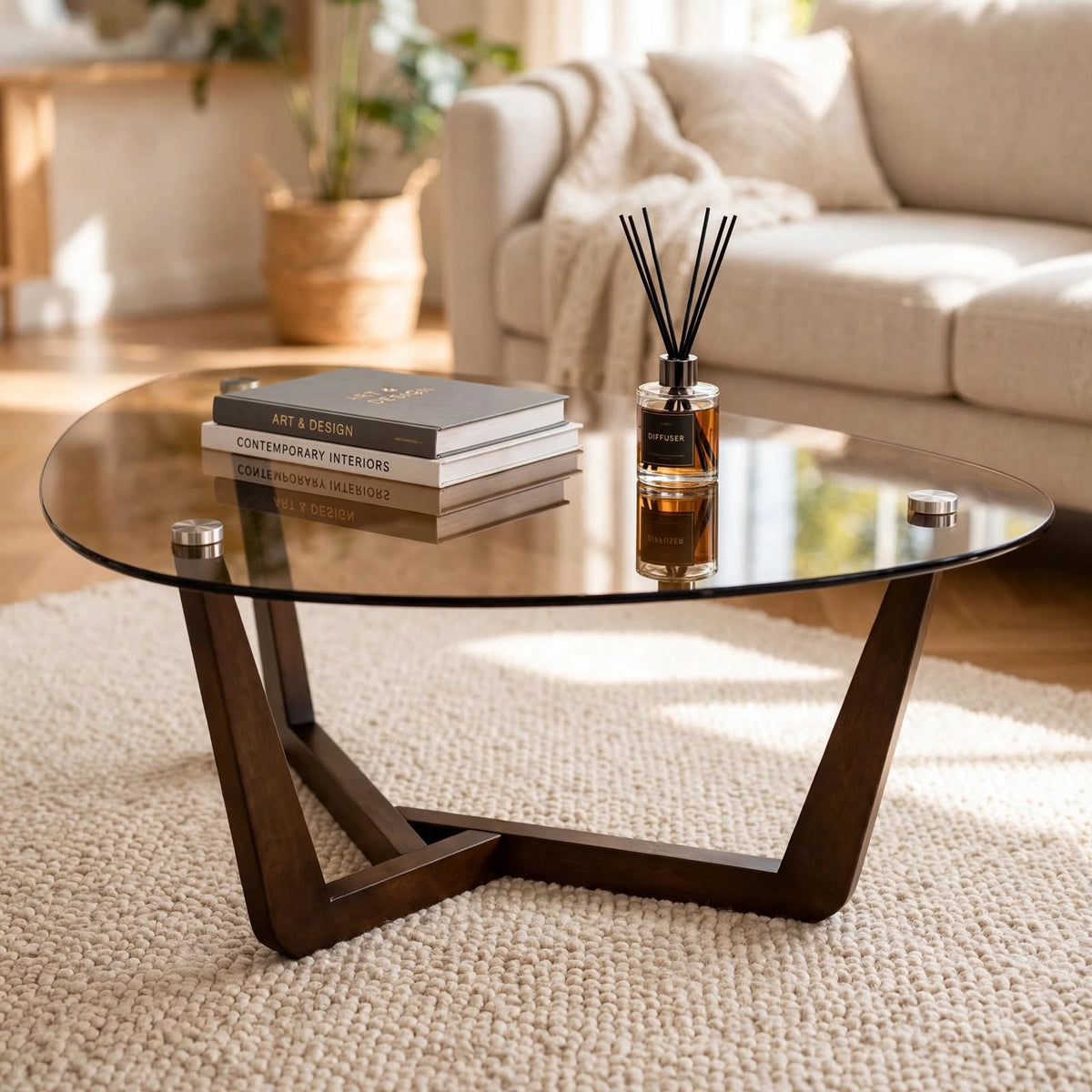 Table basse triangulaire en verre ambré