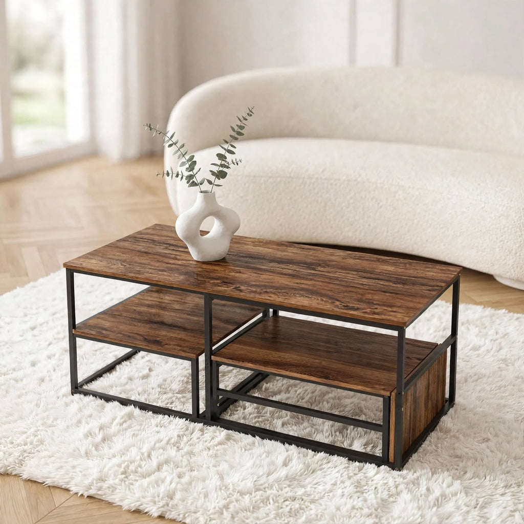 Table basse effet bois avec étagères