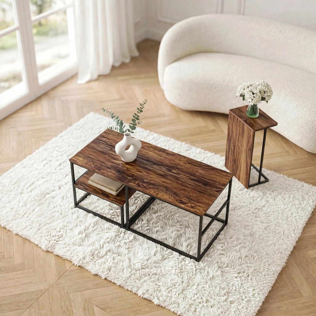 Table basse effet bois avec étagères