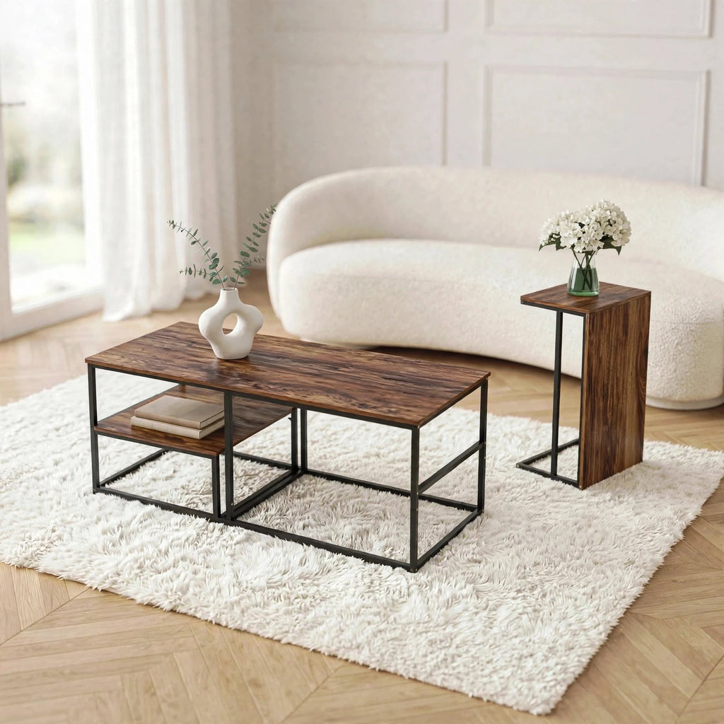 Table basse effet bois avec étagères